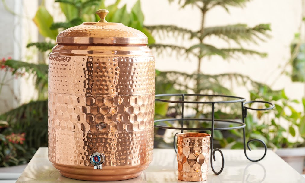 Indian Art Villa Pure Copper Diamond Hammered Design Water Pot Heavy Gauge with Brass Tap & Copper Glass & Stand