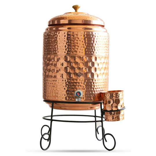 Pure Copper Hammered Water Pot with Stand & Glass – 10 L