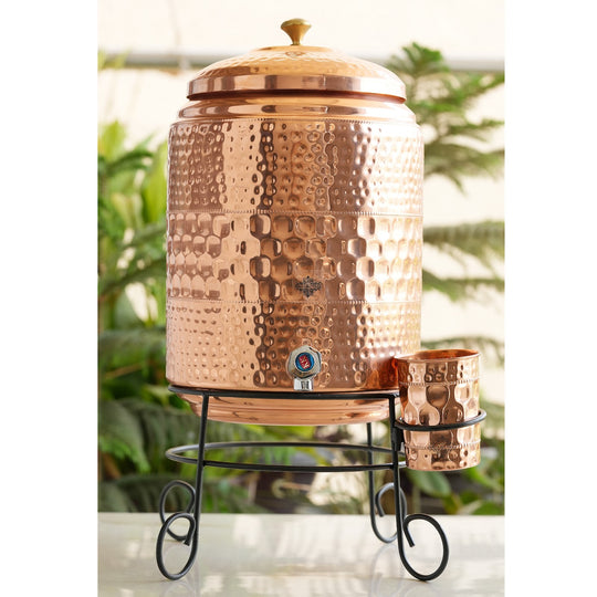 Pure Copper Hammered Water Pot with Stand & Glass – 10 L