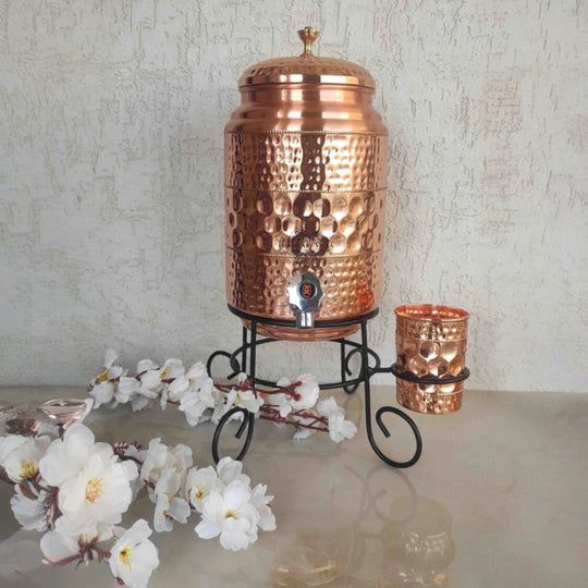 5 litre round copper matka on iron stand spherical tamba matka with stand for elegant table display
