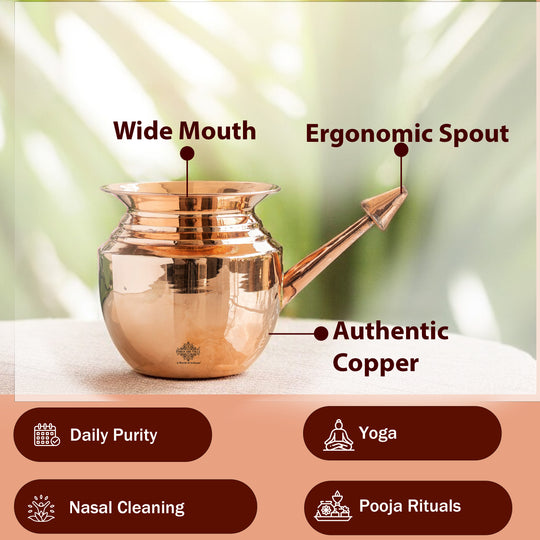Pure copper neti pot nasal cleansing close-up — Indian Art Villa