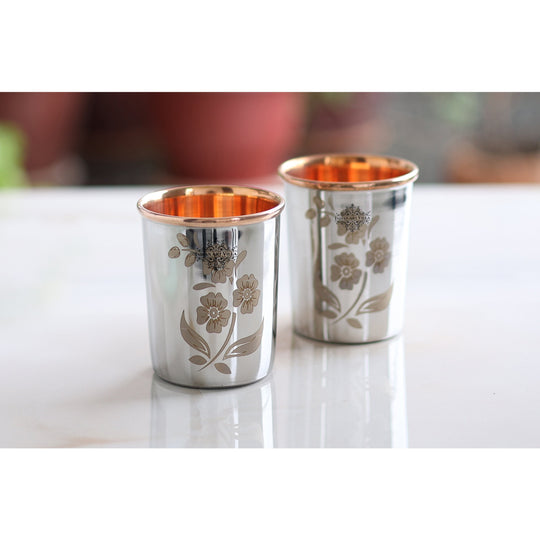 Beautiful floral carved copper steel drinking glass 300ml designed for refreshing water consumption and health