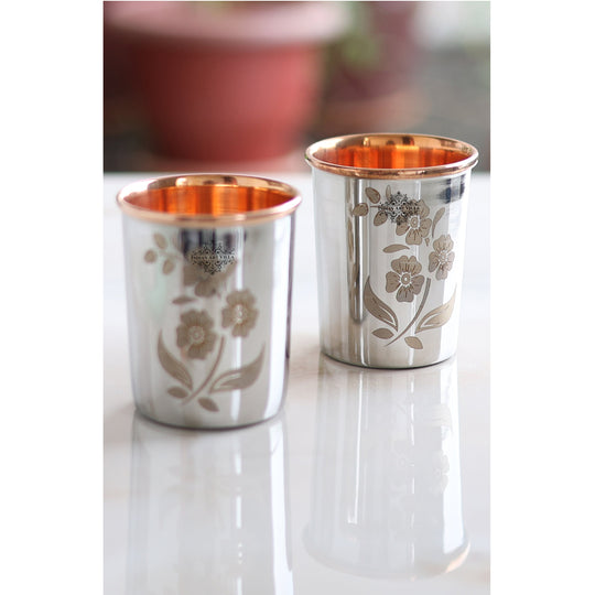 Steel copper floral tumbler set of 2 300ml by Indian Art Villa great for gifting during Diwali weddings or corporate events