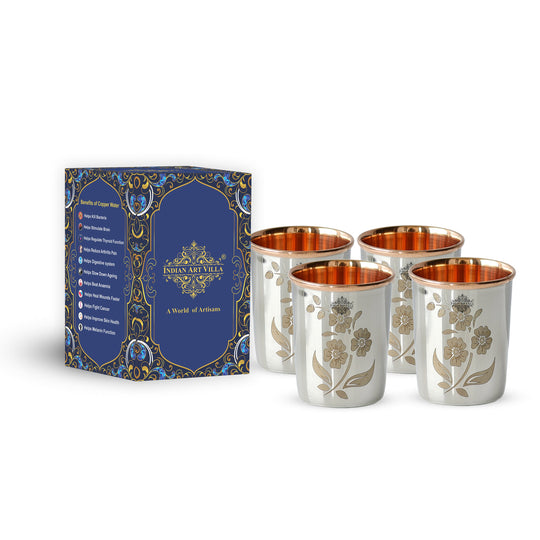 Indian Art Villa copper steel glass set 300ml with floral pattern a thoughtful gift for weddings birthdays or festivals