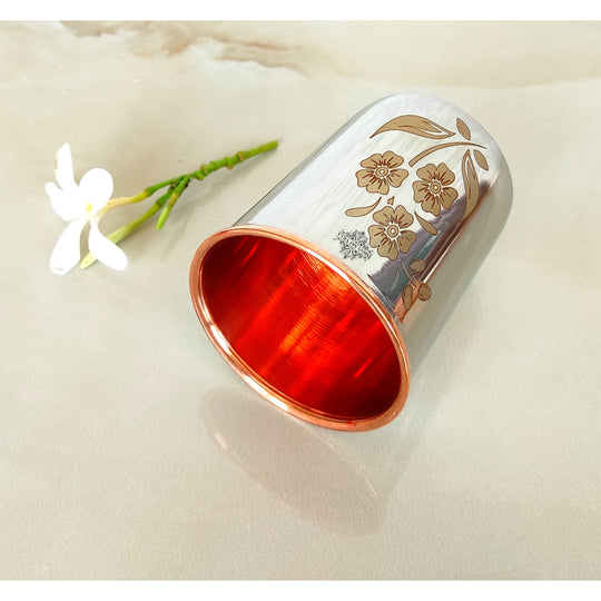 Floral engraved copper steel glass for drinking water 300ml capacity great for Ayurveda hydration home dining or gifting