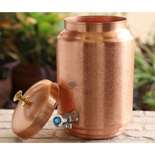Angled view of black 5L copper matka with tap and stand assembled – copper water pot with stand