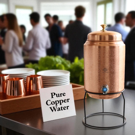 Side close-up of glossy blue coat on 5 litre copper matka showing finish sheen – copper water pot