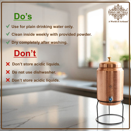 Side angle of blue 5L copper matka with tap showing colour and tap position – 5 litre copper water dispenser