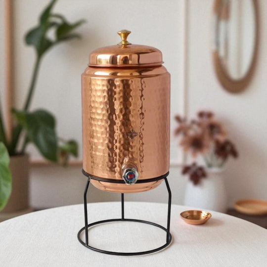 5 litre plain copper matka with tap and stand in packaged retail box – copper water pot with stand