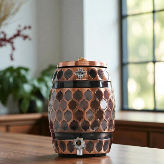 5 litre printed copper matka as statement décor water pot in living room – tamba matka price