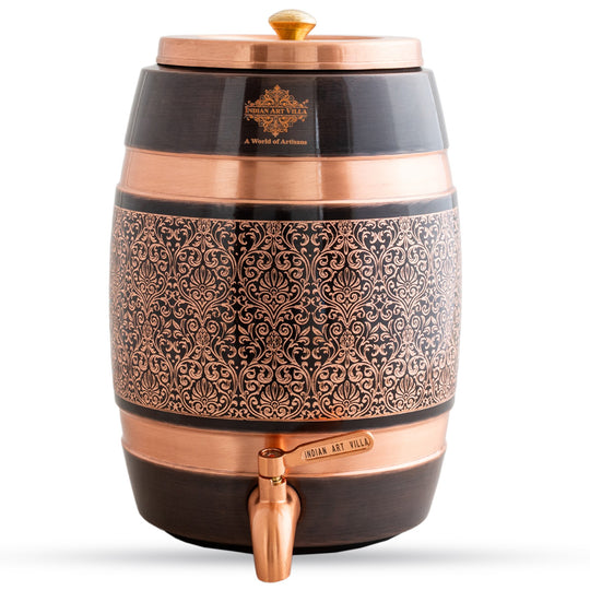 Side view of 5L printed copper matka on stand showing full printed body on legs
