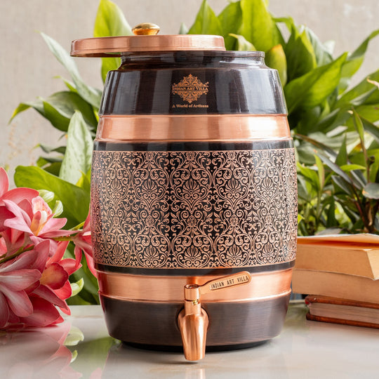 Pure Copper Embossed Design  Water Pot With Stand & Glass