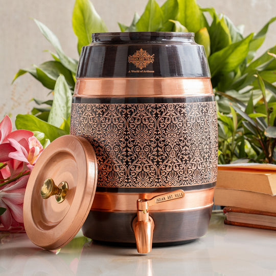5 litre printed copper matka on stand as home décor water pot on wooden sideboard – printed copper matka