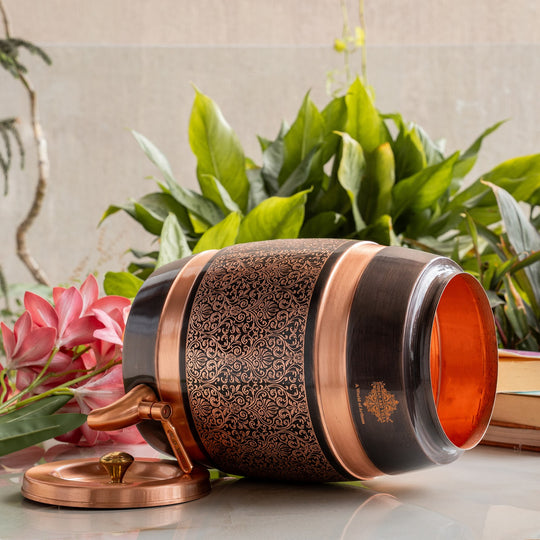 Pure Copper Embossed Design  Water Pot With Stand & Glass