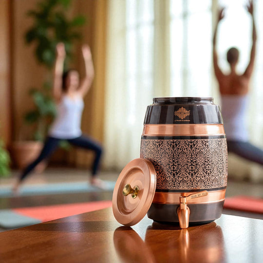 Height of 5 litre printed copper matka with stand assembled – 5 ltr copper pot with stand