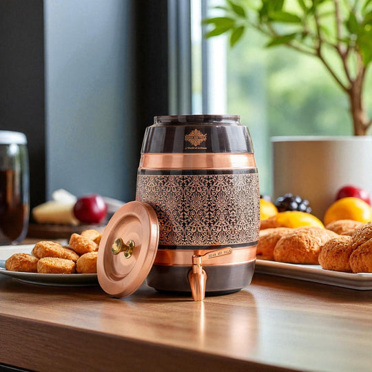 5 litre printed copper matka with stand – large decorative tamba matka on iron stand – copper water pot with stand