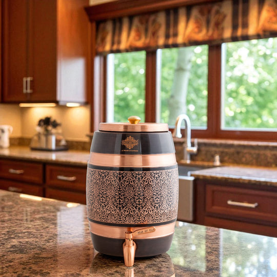 Pure Copper Embossed Design  Water Pot With Stand & Glass