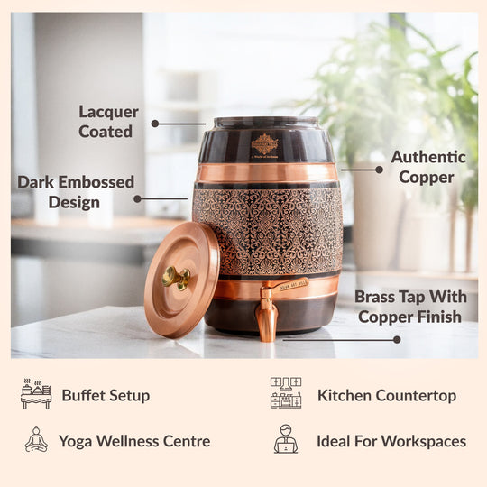Pure Copper Embossed Design  Water Pot With Stand & Glass