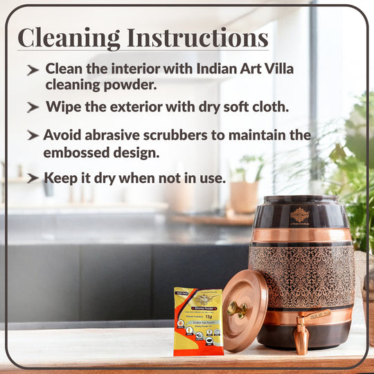 5 litre embossed copper matka with raised leaf and floral motif pattern – decorative tamba matka for gifting