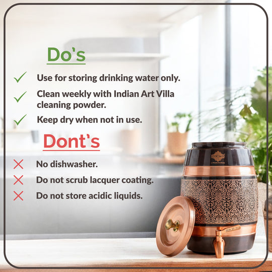 Close-up of raised embossed floral pattern on 5L copper matka surface – copper water pot