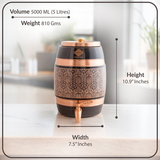 Pure Copper Embossed Design  Water Pot With Stand & Glass