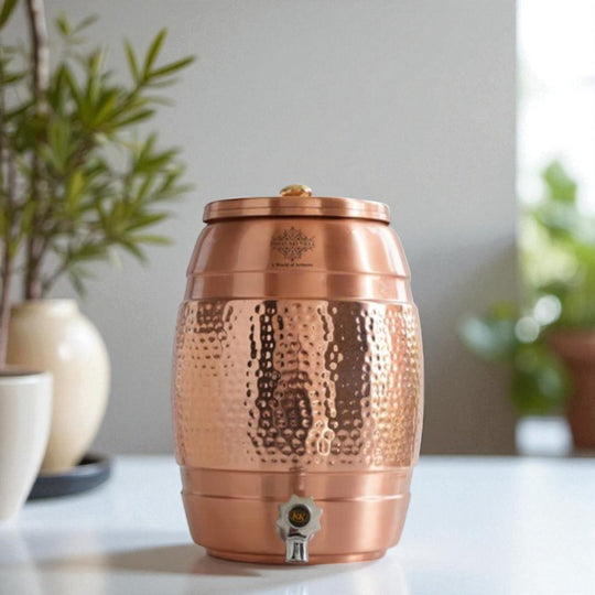 Angled shot of 5L printed tamba matka showing detailed print pattern and round belly – copper water pot