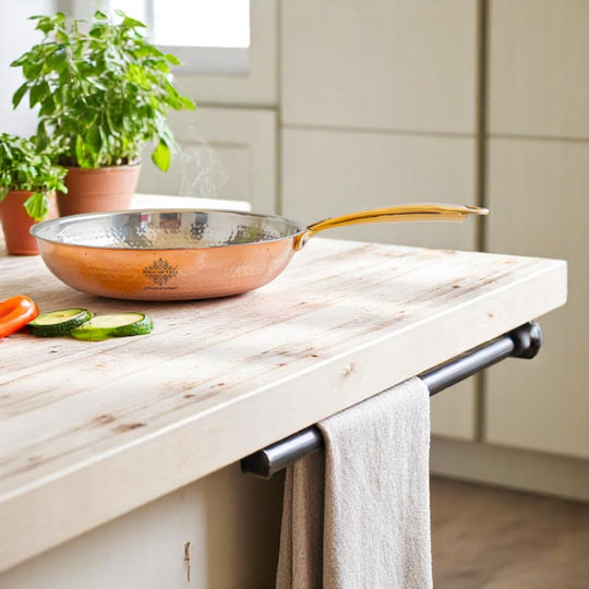 Steel Copper Hammered Design Tadka Fry Pan with Tin Linning- Serveware