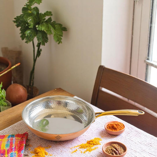 Steel Copper Hammered Design Tadka Fry Pan with Tin Linning- Serveware