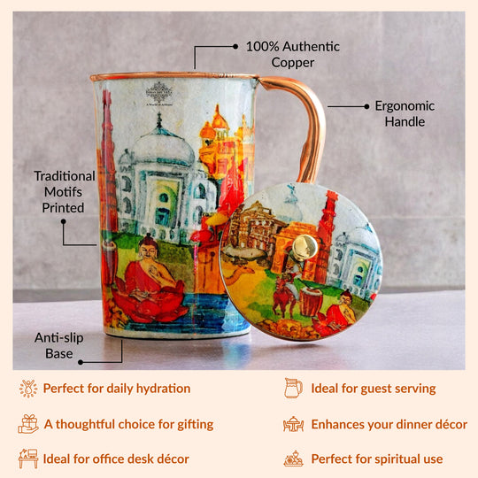 Pure Copper Printed Jug - Padharo Mhare Desh Design
