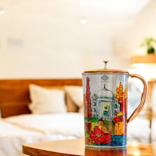 Pure Copper Printed Jug - Padharo Mhare Desh Design