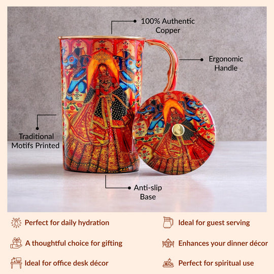 Pure Copper Printed Jug - Padharo Mhare Desh Design