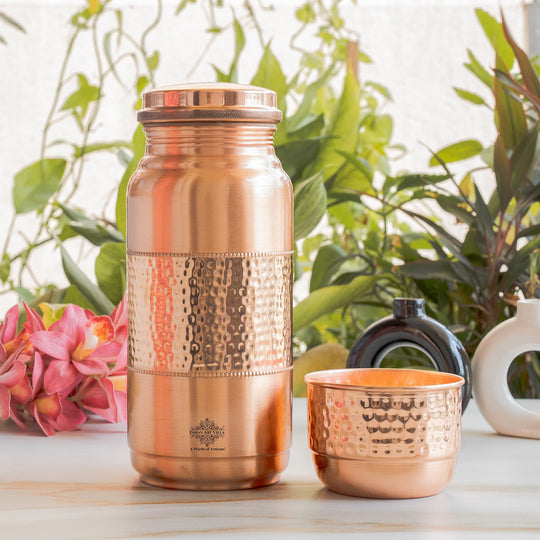 Pure Copper Hammered Water Bottle with Glass Lid – 2000 ML