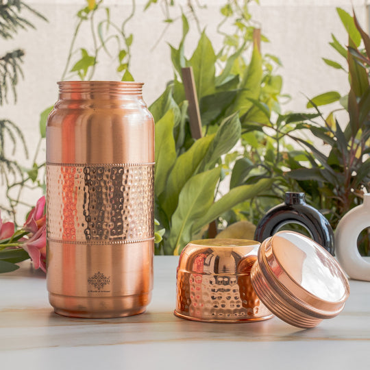 Pure Copper Hammered Water Bottle with Glass Lid – 2000 ML