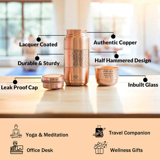 Pure Copper Hammered Water Bottle with Glass Lid – 2000 ML