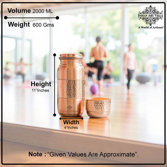 Pure Copper Hammered Water Bottle with Glass Lid – 2000 ML