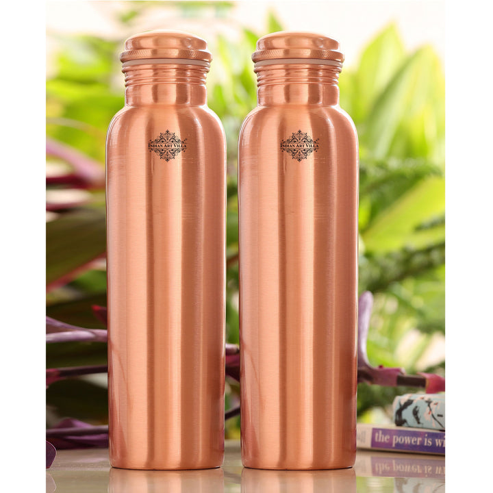 IndianArtVilla Lacqour Coated Matt Finish Copper Leak Proof Bottle, Serving Drinking Water, Benefit Yoga Ayurveda, 750 ML, Brown Set Of 2