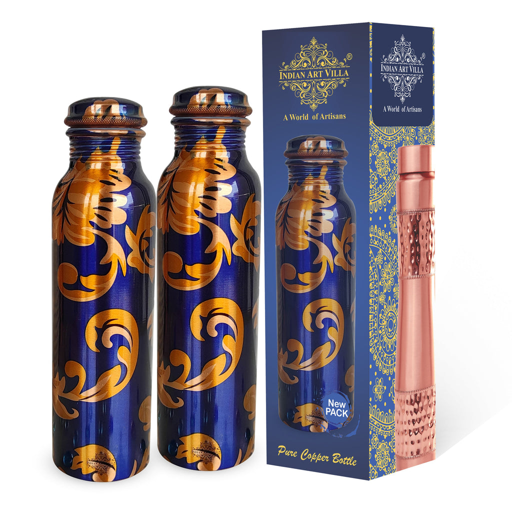 Indian Art Villa Pure Copper Royal Blue Floral Print Leak Proof Lacquer Coated Water Bottle , Health Benefits, Drinkware
