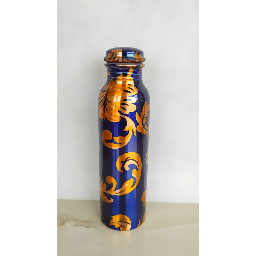 Indian Art Villa Pure Copper Royal Blue Floral Print Leak Proof Lacquer Coated Water Bottle , Health Benefits, Drinkware