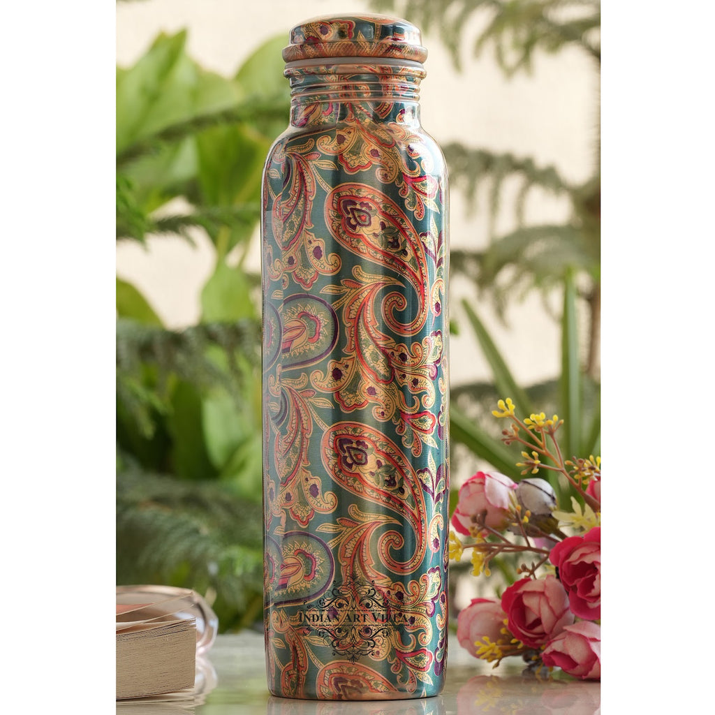 Indian Art Villa Pure Copper Medallion Candy Paisley Printed Lacquer Coated Water Bottles with health benefits, Drinkware