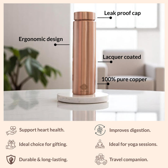 Pure Copper Bottle with Lacquer Coated Finish and Straight Shape