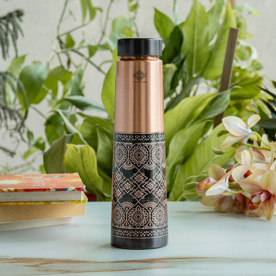 Pure Copper Water Bottle with Antique Dark Embossed Design - 800 ML