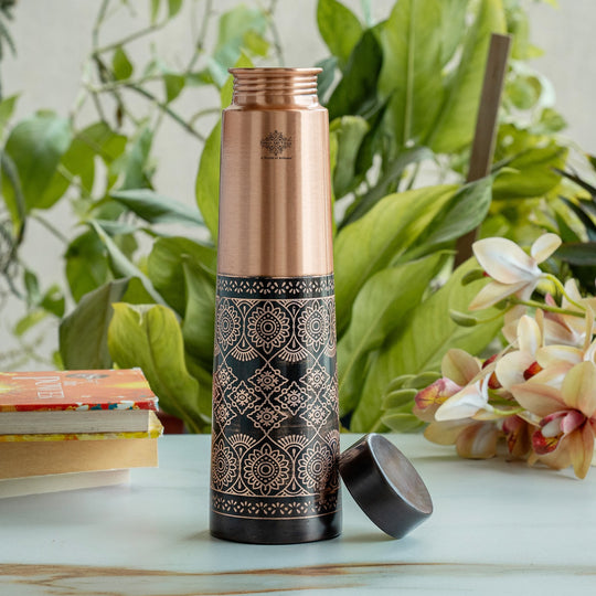 Pure Copper Water Bottle with Antique Dark Embossed Design - 800 ML