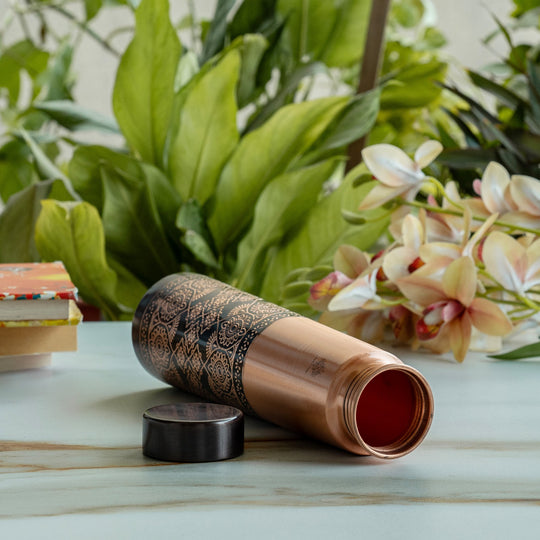 Pure Copper Water Bottle with Antique Dark Embossed Design - 800 ML