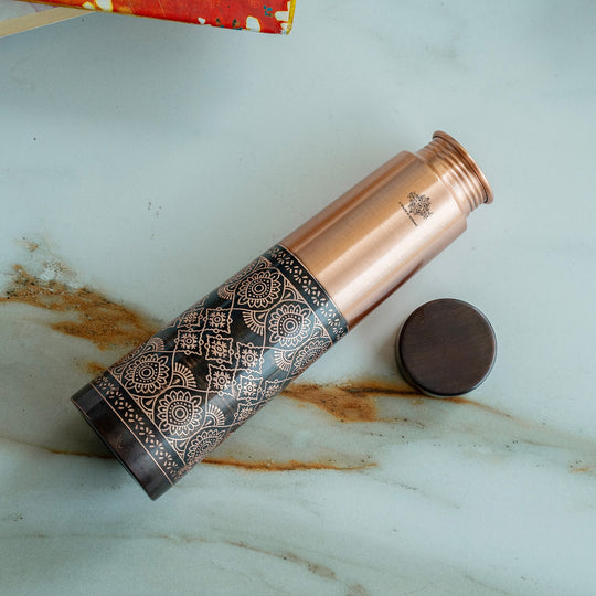 Pure Copper Water Bottle with Antique Dark Embossed Design - 800 ML