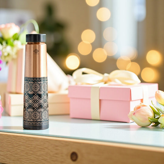 Pure Copper Water Bottle with Antique Dark Embossed Design - 800 ML