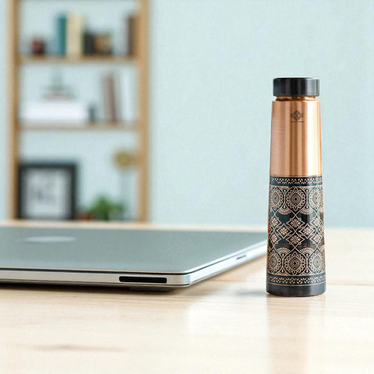 Pure Copper Water Bottle with Antique Dark Embossed Design - 800 ML