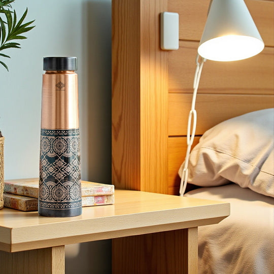 Pure Copper Water Bottle with Antique Dark Embossed Design - 800 ML