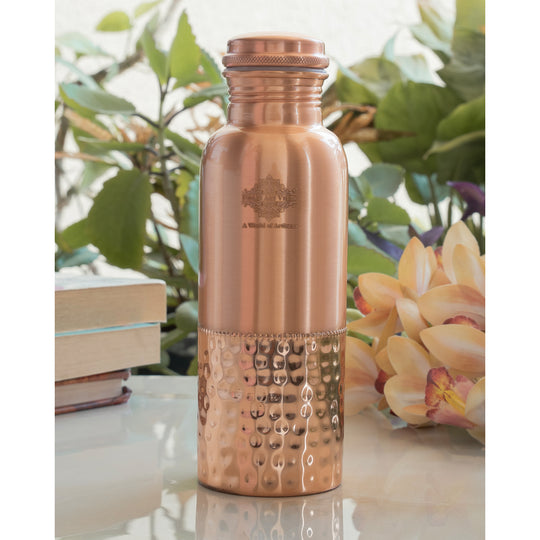 Pure copper water bottle with half hammered design front view — Indian Art Villa
