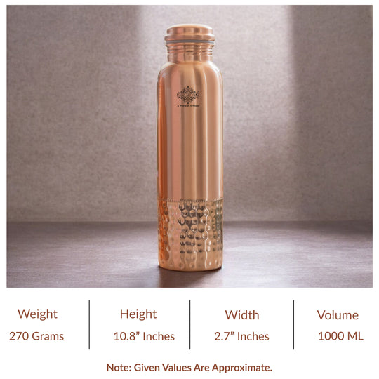 Pure Copper Water Bottle with Half Hammered Design