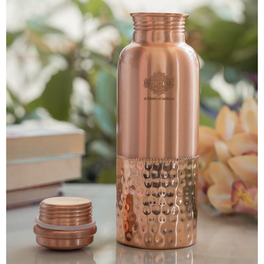 Pure Copper Water Bottle with Half Hammered Design